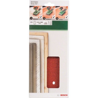 Bosch - Titreşimli Zımpara Kağıdı 10'lu Set, 115 x 280 mm 60/120/180 Kum 14 Delik