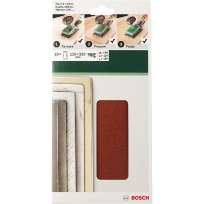 Bosch - Titreşimli Zımpara Kağıdı 10'lu Set, 115 x 230 mm 60/120/180 Kum 14 Delik