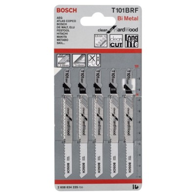 Bosch - Temiz Kesim Serisi Sert Ahşap İçin T 101 BRF Dekupaj Testeresi Bıçağı - 5'Li Paket