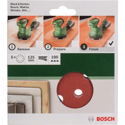 Bosch - Eksantirik Zımpara Kağıdı 5'li, 125 mm 180 Kum 8 Delik