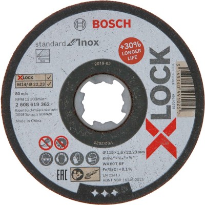Bosch - X-LOCK - 115*1,6 mm Standard Seri Düz Inox (Paslanmaz Çelik) Kesme Diski (Taş)