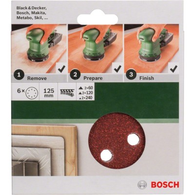 Bosch - Eksantirik Zımpara Kağıdı 6'lı Set, 125 mm 60/120/240 Kum 8 Delik
