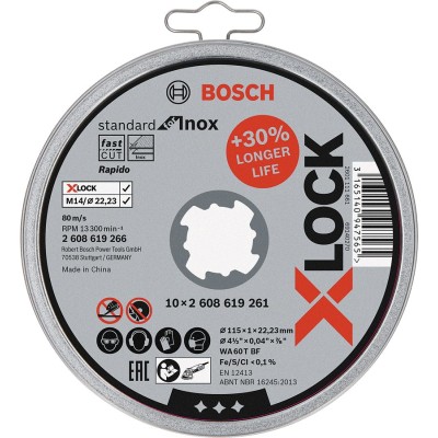 Bosch - X-LOCK - 115*1,0mm Standard Seri Düz Inox (Paslanmaz Çelik) Kesme Diski (Taş) - Rapido 10'lu