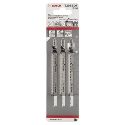 Bosch - Extra Temiz Kesim Serisi Sert Ahşap İçin T 308 BOF Dekupaj Testeresi Bıçağı - 3'Lü Paket