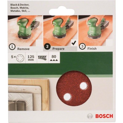 Bosch - Eksantirik Zımpara Kağıdı 5'li, 125 mm 80 Kum 8 Delik