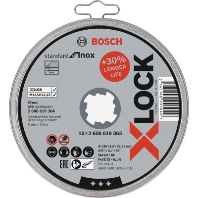 Bosch - X-LOCK - 125*1,6 mm Standard Seri Düz Inox (Paslanmaz Çelik) Kesme Diski (Taş) 10'lu
